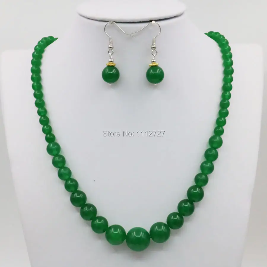 

6-14mm Green Malay Quartz Jaspers Necklace Chain Earring Sets Round Beads Jewelry Party Gifts Chalcedony 15inch Lucky Stone