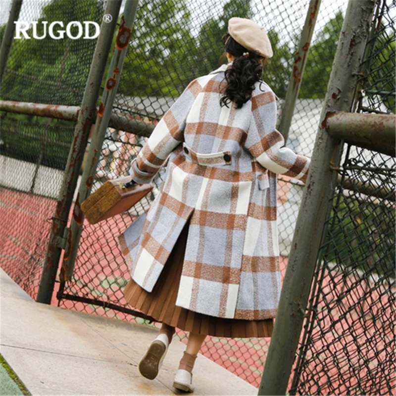 RUGOD Новое корейское цветное шерстяное пальто женское зимнее толстое в клетку