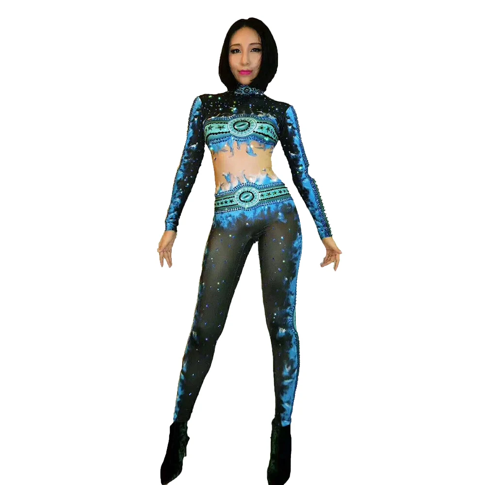 Printed Big Stretch Jumpsuit Sparkly Rhinestones Bodysuit Stage Wear Women's Celebrate Jazz Dance Costume Outfit DJ259 | Тематическая
