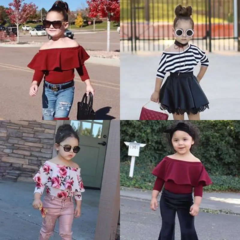 Новинка Мода комплект для маленьких девочек с длинным рукавом открытыми плечами