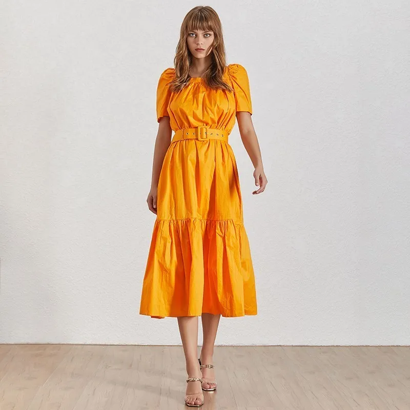 orange TWOTWINSTYLE летнее однотонное женское платье с квадратным воротником и пышными рукавами, высокая талия, с поясом, платья миди, Женская мода, новинка - Цвет: orange