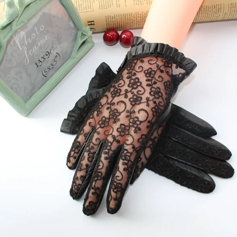 Перчатки женские из натуральной овечьей кожи солнцезащитные кружевные митенки с