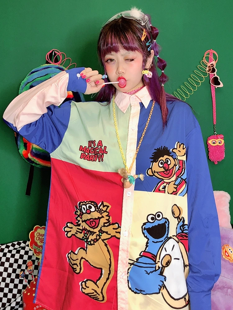 Harajuku стиль Childlike мультфильм цвет с длинным рукавом Тонкая карта рубашка рубашки для женщин