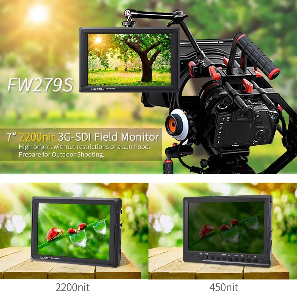 FEELWORLD FW279S 7 дюймов 2200nit дневной обзор камера полевой монитор 3G-SDI 4K HDMI вход выход