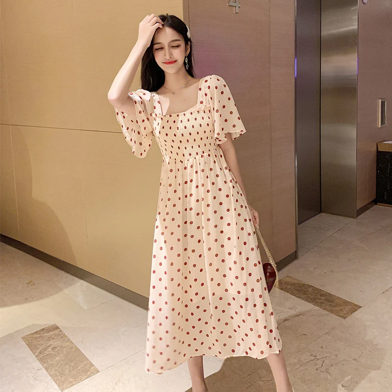 Summer Chiffon Dresses Women's Dot Leaves Print Short Sleeve Casual High Waist Square Collar Elegant vestidos | Женская одежда
