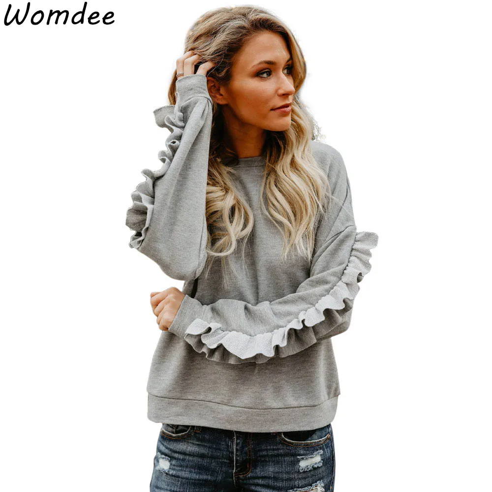 Женский Толстовка худи с оборками 2018 Топ осень зима экипажа средства ухода за