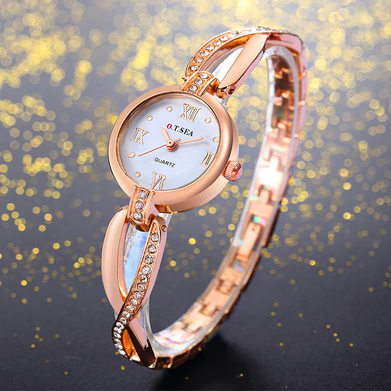 

Luxury O.T.SEA Brand Rose Gold Bracelet Watches Women Ladies Crystal Dress Quartz Wristwatches Relogio Feminino OTS064