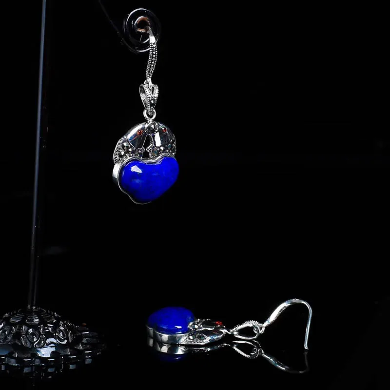 

CSJ Natural Lapis Lazuli Earrings Vintage Pendant Earrings For Women Antique Silver Fine Jewelry for Wedding Engagement Party