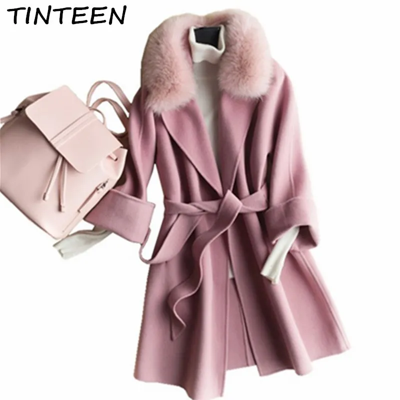 Tinteen модные тонкие Шерстяное пальто Для женщин натуральный Лисий меховой