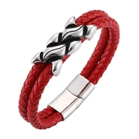 fashion men jewelry red double braided leather hand bracelet male stainless steel magnetic clasps trendy mens bracelets sp0123