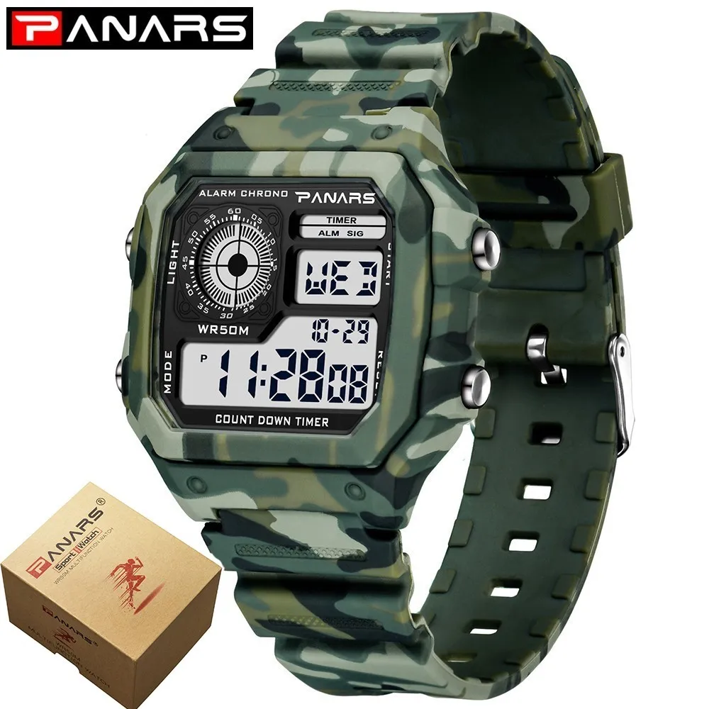 camouflage with box PANARS, камуфляжные военные спортивные часы для бега, светодиодный, цифровые часы, мужские часы, электронные наручные часы, уличные квадратные часы - Цвет: camouflage with box