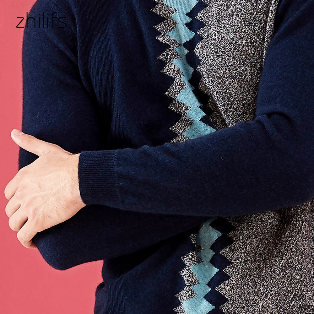 Zhilifs Men's stitching sweater 100% cashmere Diamond pattern casual wear Round neck long sleeve knit 2019 autumn winter | Мужская