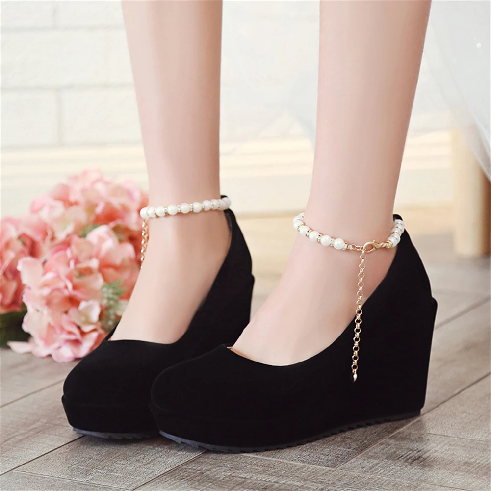 BONJOMARISA/осень-зима; Черный туфли-лодочки на платформе женская обувь с клиновидной платформой на высоком каблуке осень удобные Обувь на высоком каблуке обувь с жемчугом; женская Свадебная вечеринка