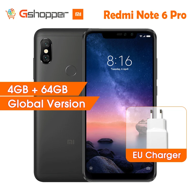 Смартфон Xiaomi Redmi Note 6 Pro с глобальной версией 4 ГБ 64 Восьмиядерный процессор Snapdragon