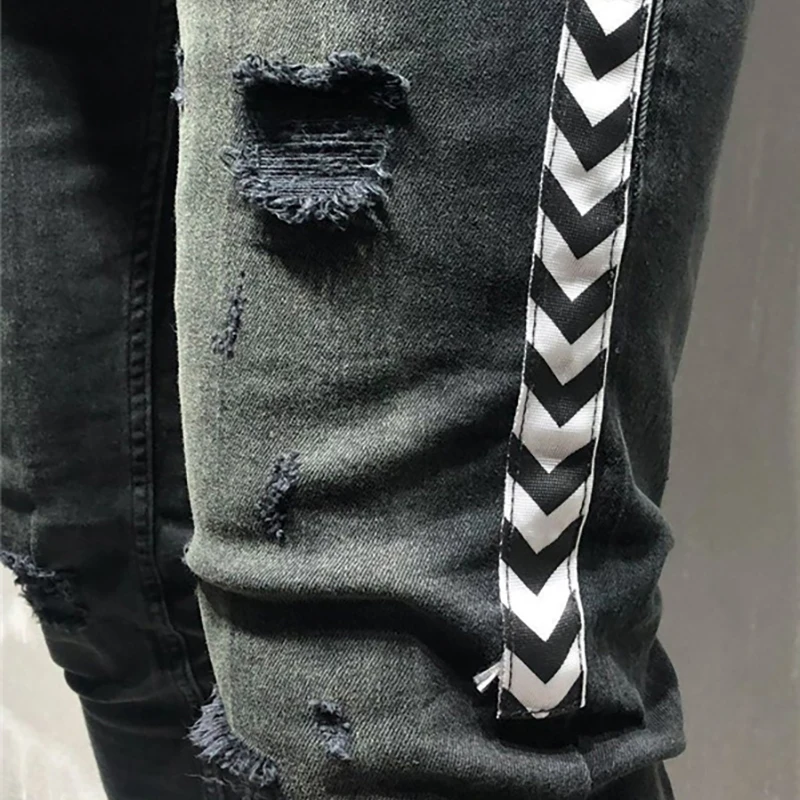 Мужские обтягивающие черные джинсы в полоску стиле хип-хоп уличная одежда с
