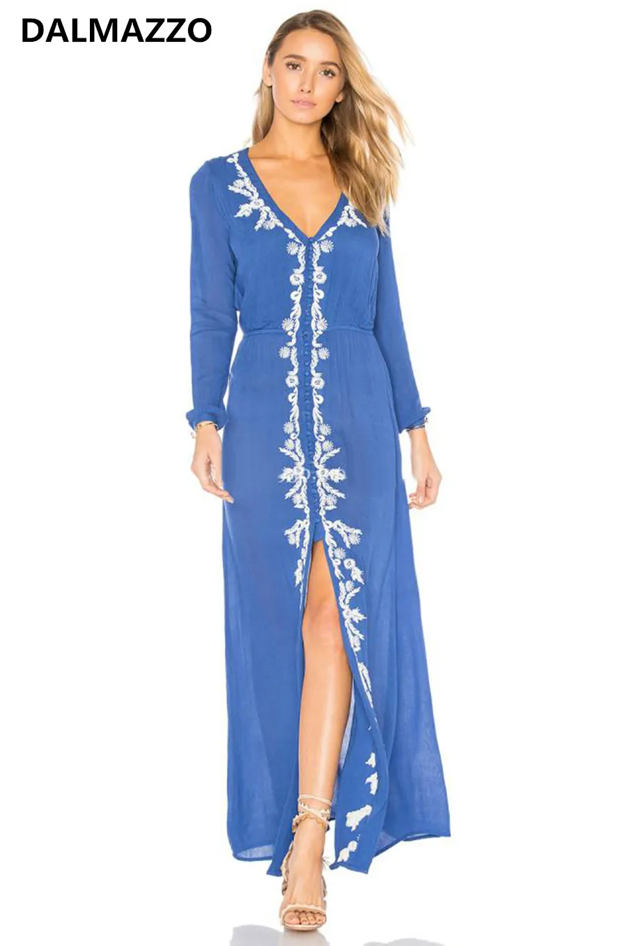 

DALMAZZO 2023 Newest Spring Blue Bohemian Embroidery Women V Neck Split Dress High Quality V Neck Long Sleeve Cotton Long Dress