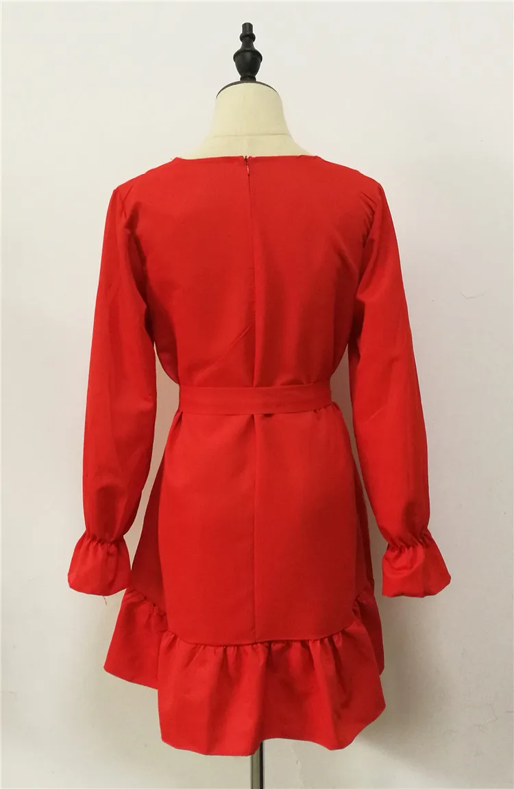 

BONJEAN Ruffles Decoration Dress for Women 2019 Autumn Clothing Long Sleeve Pleated Dress with Sashes Red Mini Dress BJ1430