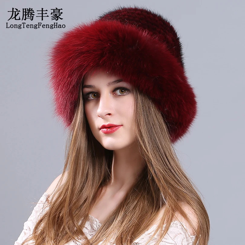 Норковая меховая шапка вязаная головные уборы женские шапки бини с лисим мехм и