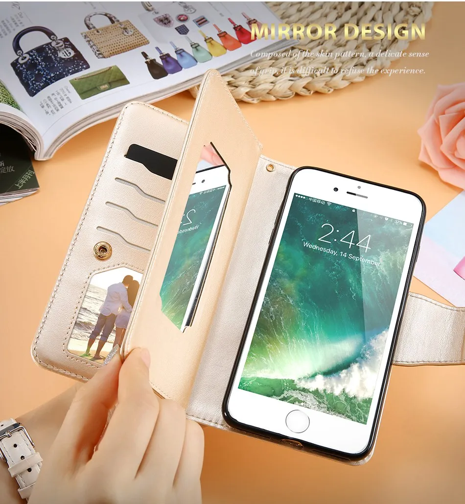 FLOVEME кожаный бумажник чехол для iPhone 7 6 6 S Plus 5 5S SE Чехлы для телефона девушка макияж зеркало 9 с подставкой и карманами для карт сумка для iPhone X 8