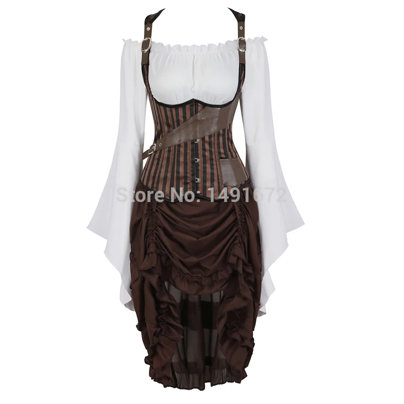 61365306388Brown Стимпанк корсет платье топ юбка костюм из 3 предметов косплей готический панк корсет-бюстье пират Бурлеск Винтаж Басков корсетт - Цвет: 61365306388Brown