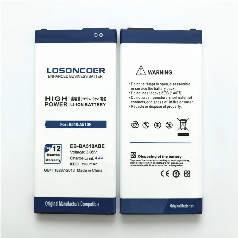 Original LOSONCOER 3900mAh EB-BA510ABE Replacement Battery For Samsung Edition A510 SM-A510F A5100 A5 Battery