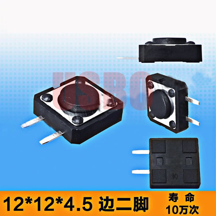 

12*12*4,5/4,3 мм 2-штырьковый боковой кнопочный выключатель SMD SMT прочный сенсорный тактовый выключатель черный оптовая продажа