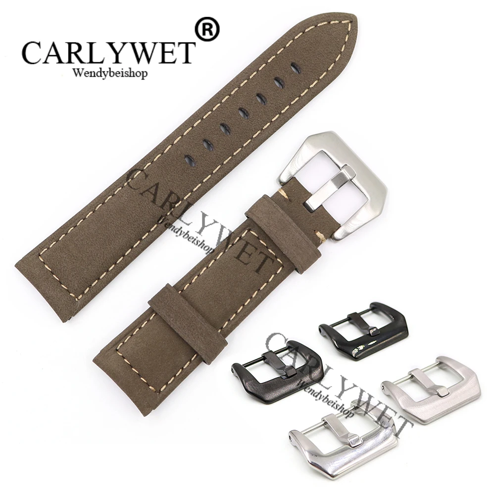 

CARLYWET 22 24 26mm Suede Brown Real Leather Handmade Thick Replacement Wrist Watch Band Strap Belt