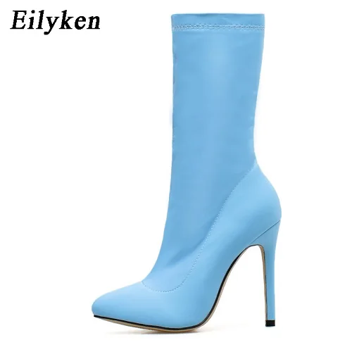 Blue Eilyken/ботильоны с эластичным голенищем; Ботильоны на молнии на каблуке; женская обувь с острым носком; пикантные вечерние удобные женские ботинки; сезон весна-осень - Цвет: Blue