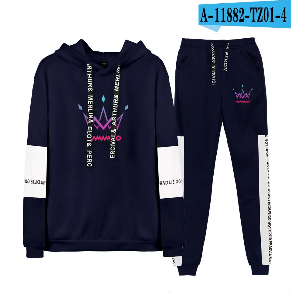 Navy Дикий спортивный костюм хлопок Мода MAMAMOO толстовки кофты+ черные спортивные штаны для мужчин/женщин зима осень набор - Цвет: Navy