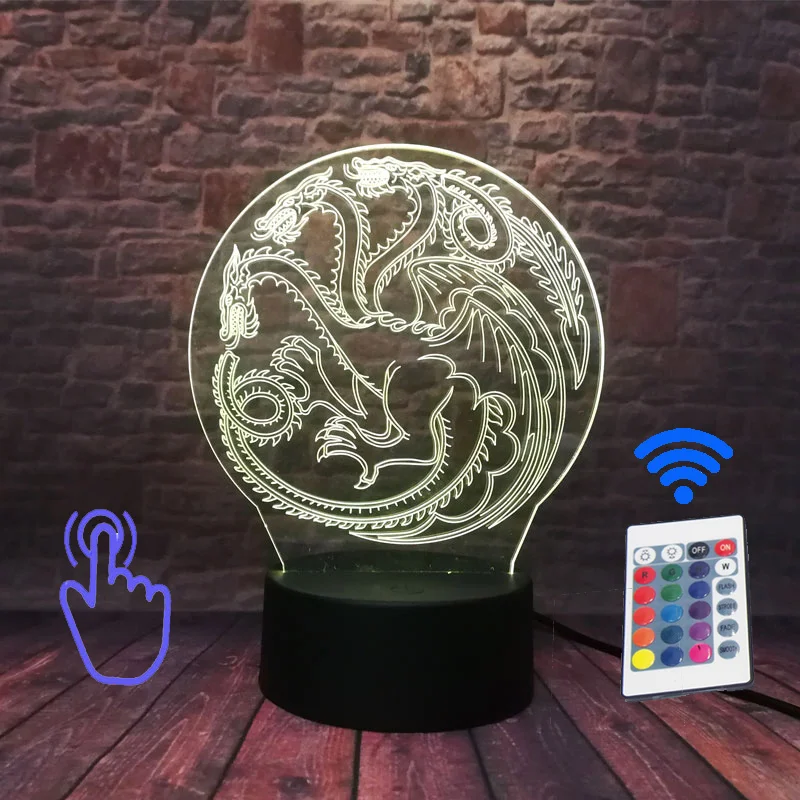 Remoter and Touch 2 Игра престолов Дом Таргариен фигура 3D иллюзия светодиодный 7 цветов изменить Ночной светильник дом Старк Песнь Льда и Огня светильник игрушки - Цвет: Remoter and Touch 2