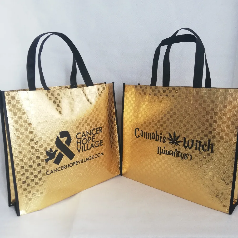 500 шт./лот ламинированные золотые нетканые сумки для покупок через плечо с