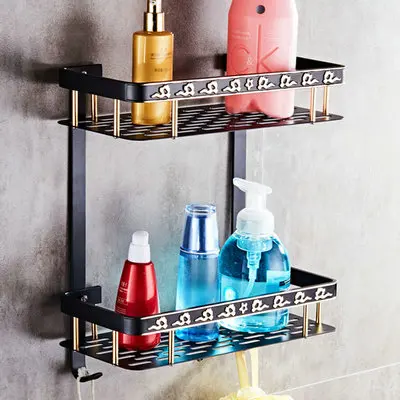 double shelf only C Черное и Золотое резное алюминиевое приспособление для ванной комнаты, набор аксессуаров для ванной, Полка для полотенец, держатель для бумаги, крючок для одежды BG1001 серии - Цвет: double shelf only C