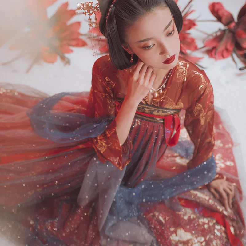 Сверкающий Красный Hanfu для женщин китайские костюмы с блестками косплея древних