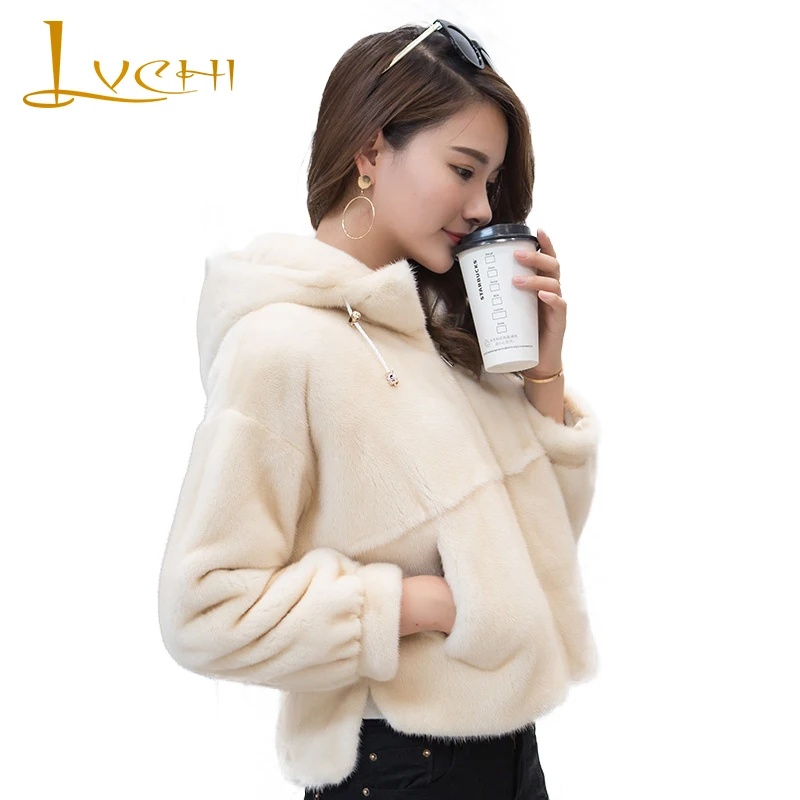 

LVCHI Winter Long Sleeve Striped Mink Coat Real Fur Import Swan Velvet Natural Fur With Fur Hood Zippers Women's Short Mink Coat