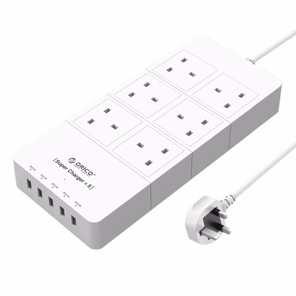 ORICO HPC-4A5U-UK-WH, для дома, офиса, Великобритания, вилка, USB, зарядное устройство, адаптер с 6 розетками, сетевой фильтр, 5 футов, шнур питания