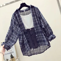 fashion plaid women tops and blouses female casual matching color long sleeve button loose plaid shirt top blusas mujer de moda