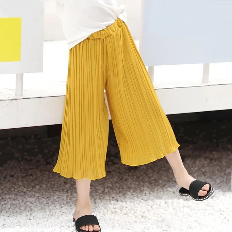 yellow kids trousers Летние Детские Свободные плиссированные штаны для школьниц однотонная одежда для малышей и подростков детские штаны для детей 6, 8, 10, 12 лет - Цвет: yellow kids trousers