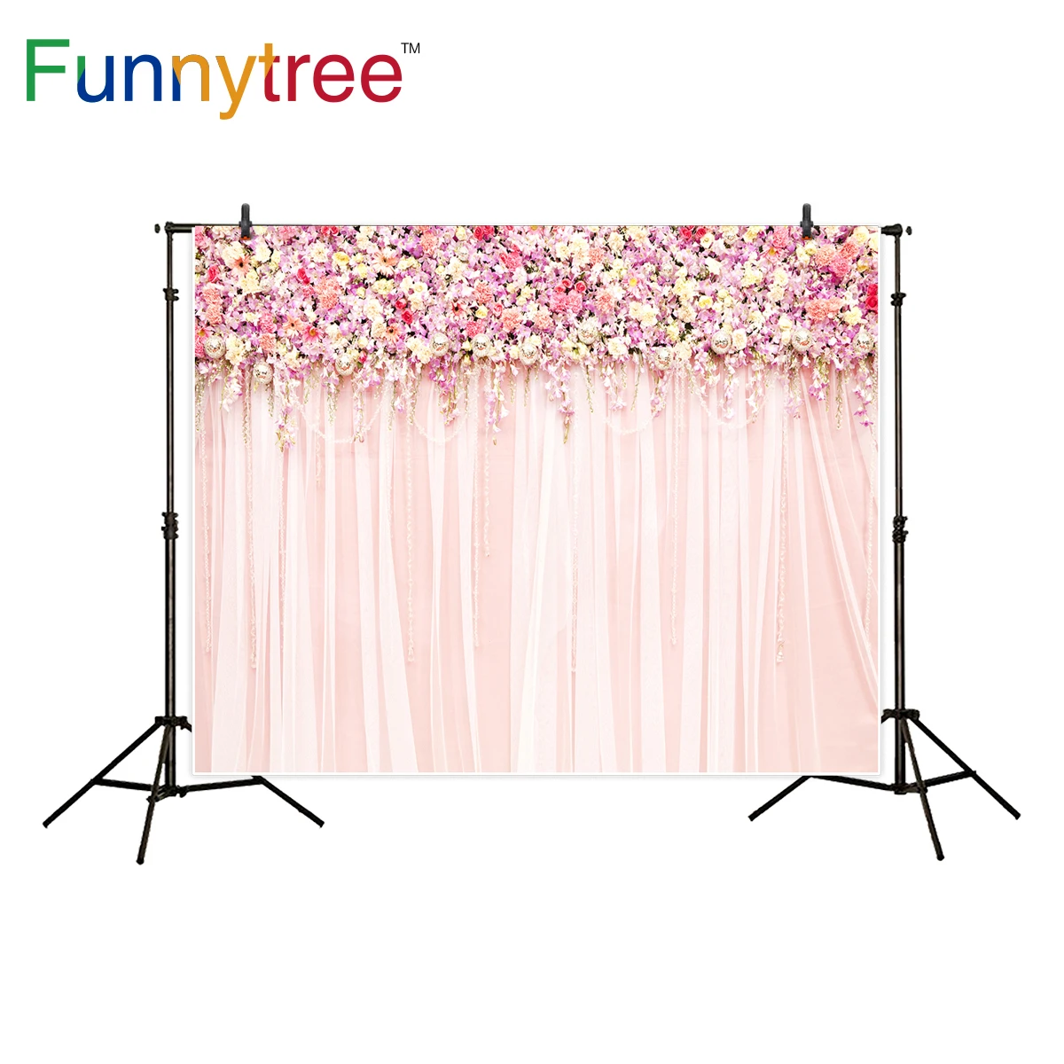 Фотофон Funnytree для свадебной фотосъемки с розовым цветком и декором в виде стены