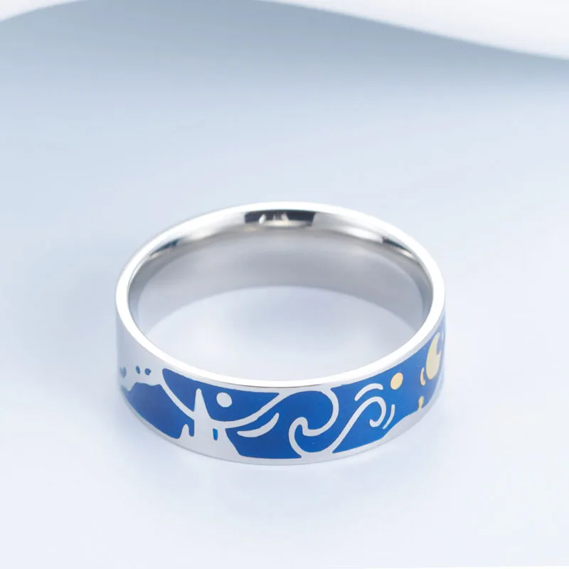 Romantic Van Gogh's Starry Sky Moon Couple Rings Stainless Steel Oil Painting for Women Men Valentine's Day Gifts | Украшения и
