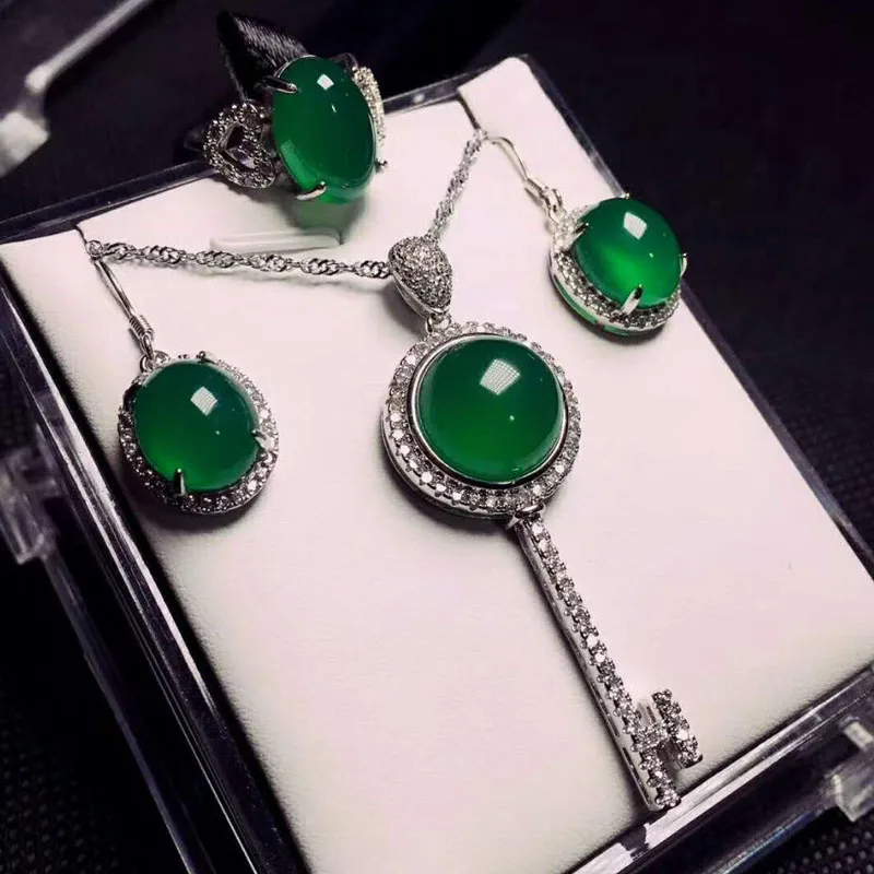 

Fine Jewelry 925 Silver Inlaid Natural Green Chalcedony Pendant Necklace/Earrings/Ring Women Black Friday 2019 Gift