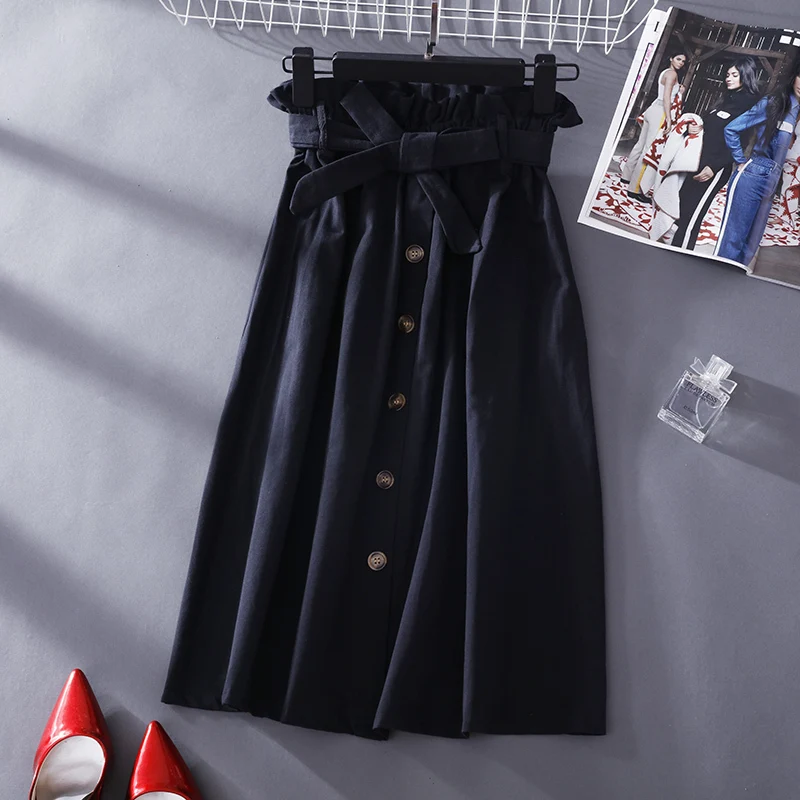 

CHGOISIO Women A -line Rock 2019 New Summer Ladies Single -row Decoration With Belt Arch Medium Long Sleeves Skirts
