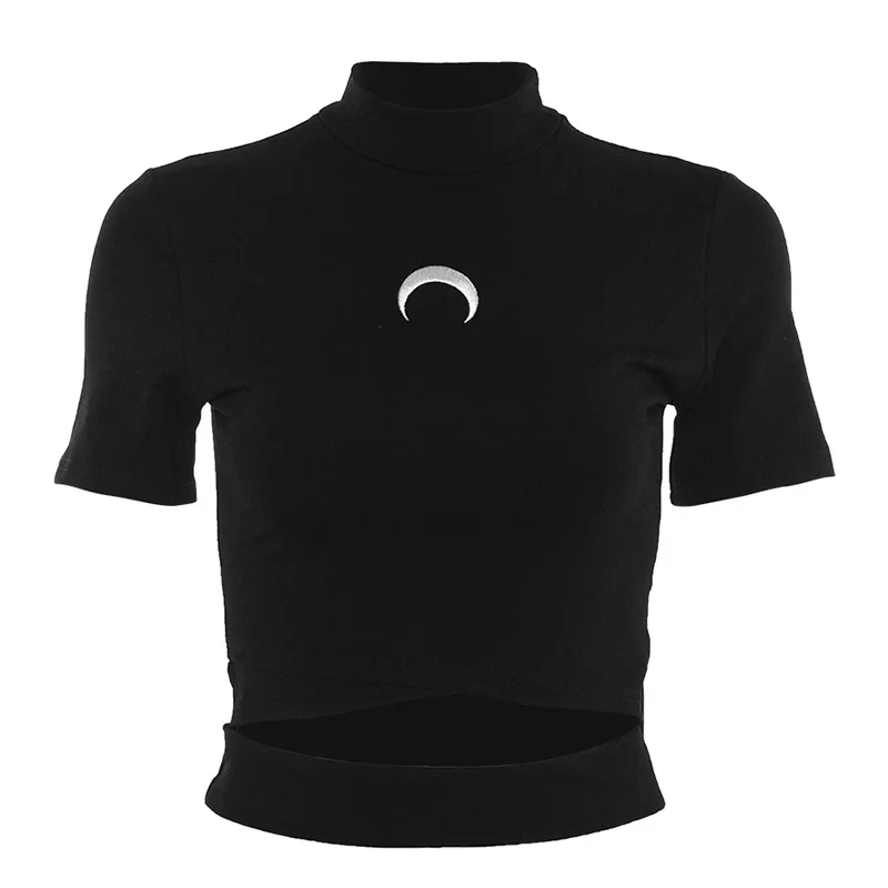 Black T-Shirt Женская футболка с изображением ведьмы и Луны, готические футболки, топы с вышивкой в виде полумесяца, футболки пастельного готического стиля, хлопковая короткая футболка - Цвет: Black T-Shirt