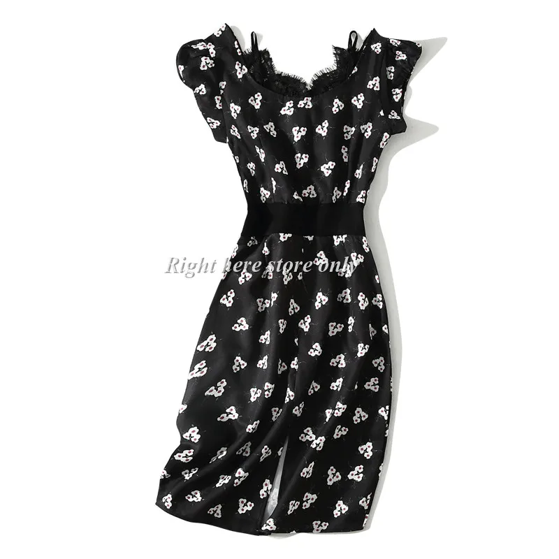 2019 Для женщин летние Винтаж черный Цветочный принт Кружевное облегающее платье