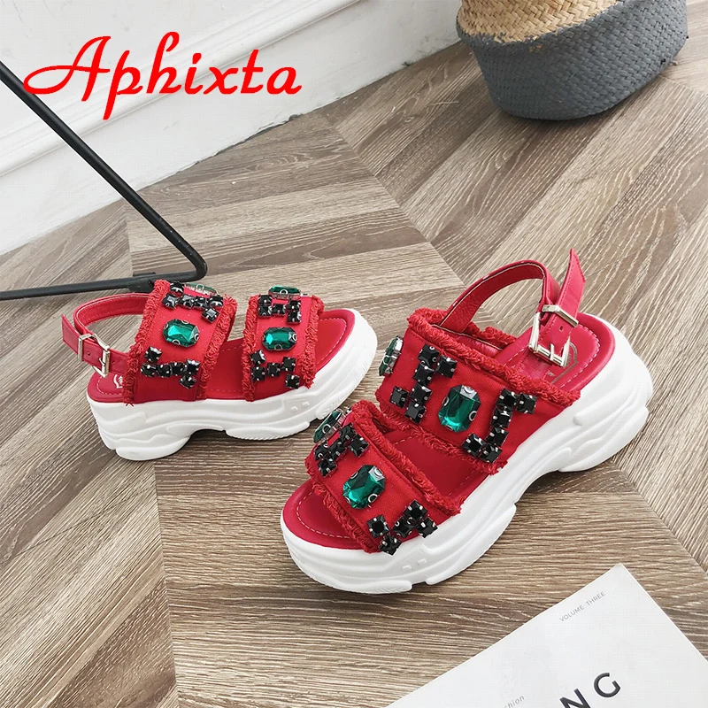 Сандалии Aphixta женские на танкетке тканевые туфли со стразами платформа