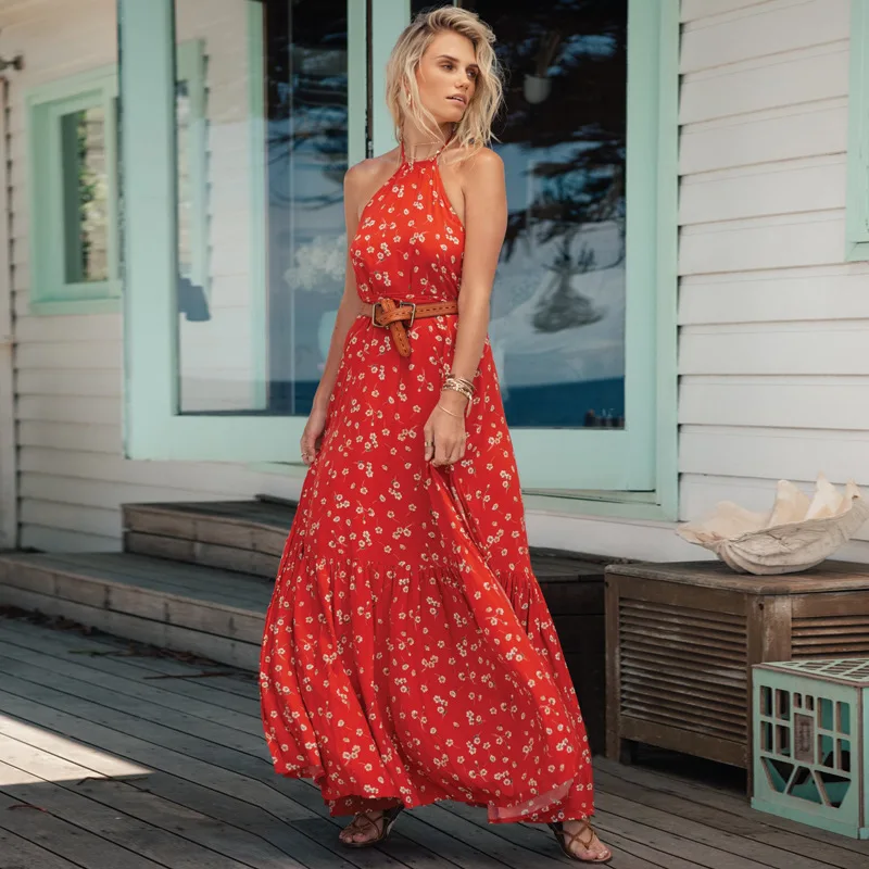 Женское длинное платье с открытой спиной BellFlower Пляжное в стиле бохо разрезом