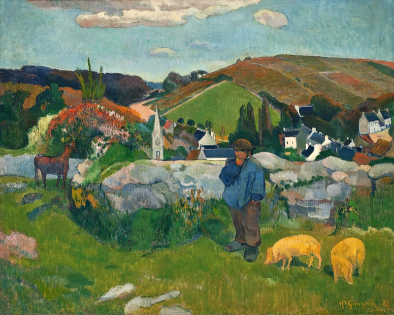 

landscape canvas painting poster Peasants Pigs and a Village Under a Clear Sky Landscape in Brittany France By Paul Gauguin