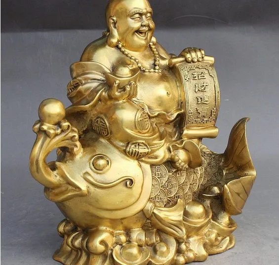 YM 320 12 дюймов китайский буддийский Brass Money Hold Yuanbao веселый смех Maitreya Sit Статуэтка