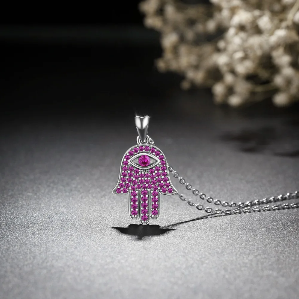 EUDORA 925 Sterling Silver Hamsa Hand Pendant Necklace Good Luck Purple CZ Charm Fine Jewelry Girl Birthday Surprise Gift D389 | Украшения