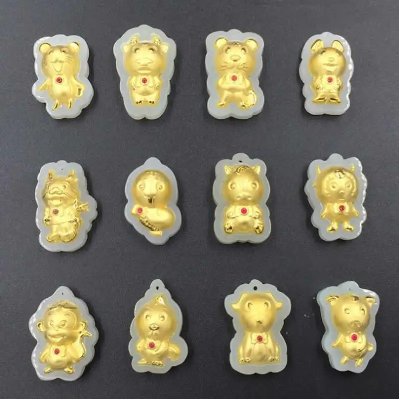 24K Yellow Gold Zodiac pendant gold with Jadeite cute monkey lovely pendant 12pieces 1Set