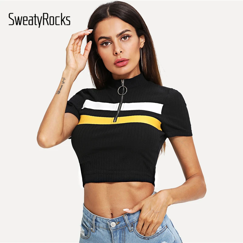 SweatyRocks, круглая застежка-молния, половина планки, ребристая трикотажная короткая футболка, многоцветная, короткий рукав, высокая горловина, футболка для женщин, летние облегающие Топы